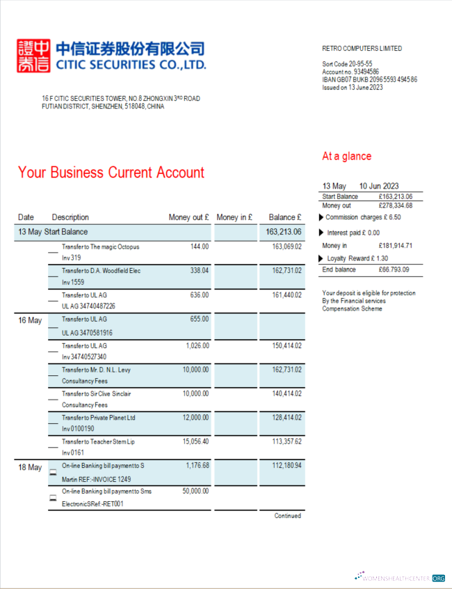 Download Citic Securities bank firm account statement Word and PDF template Photoshop template